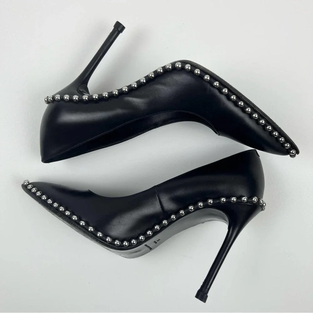 Alexander Wang Studded Black Pumps Pointed Toe Heel Leather Rie SZ 35 US 5 - Picture 7 of 13